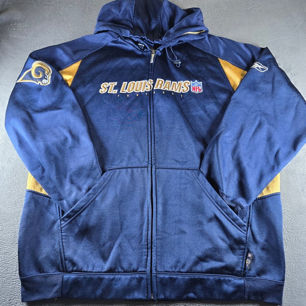 Reebok St. Louis Rams NFL Full Zip Hoodie Navy Gold Mens XL Vintage Sweatshirt